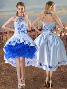 Blue And White Sleeveless Satin and Organza Lace Up Prom Dresses for Prom and Party and Military Ball