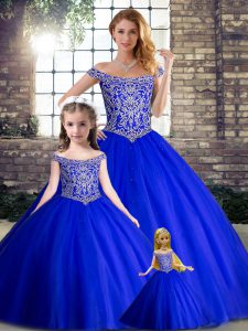Cheap Beading Ball Gown Prom Dress Royal Blue Lace Up Sleeveless Brush Train