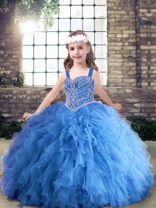 Blue Ball Gowns Beading and Ruffles Pageant Dress for Girls Lace Up Tulle Sleeveless Floor Length