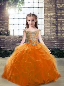 Best Orange Lace Up Off The Shoulder Beading Little Girl Pageant Gowns Tulle Sleeveless