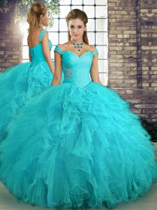 Charming Ball Gowns 15th Birthday Dress Aqua Blue Off The Shoulder Tulle Sleeveless Floor Length Lace Up