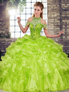 Eye-catching Ball Gowns Ball Gown Prom Dress Olive Green Halter Top Organza Sleeveless Floor Length Lace Up