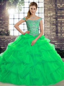 Glittering Off The Shoulder Sleeveless Brush Train Lace Up Quinceanera Gown Green Tulle