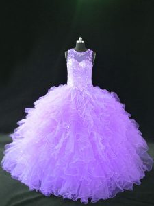 Fantastic Organza Scoop Sleeveless Lace Up Beading and Ruffles Quinceanera Gowns in Lavender