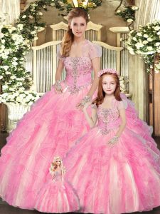 Most Popular Sleeveless Tulle Floor Length Lace Up Quinceanera Dresses in Baby Pink with Beading and Ruffles