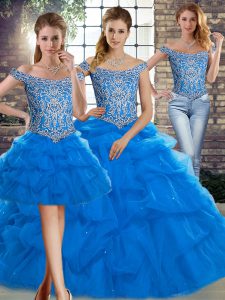 Best Blue 15th Birthday Dress Tulle Brush Train Sleeveless Beading and Pick Ups