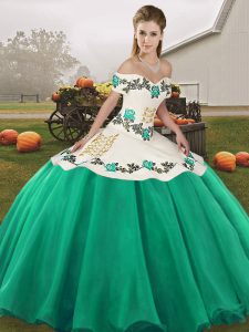 Elegant Organza Off The Shoulder Sleeveless Lace Up Embroidery 15th Birthday Dress in Turquoise