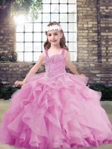 Affordable Lilac Ball Gowns Beading and Ruffles Little Girl Pageant Dress Lace Up Tulle Sleeveless Floor Length