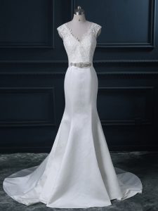 Amazing Sleeveless Brush Train Beading and Lace Backless Wedding Dress
