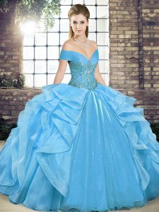 Captivating Floor Length Baby Blue Quince Ball Gowns Off The Shoulder Sleeveless Lace Up