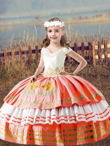 Orange Red Sleeveless Embroidery Floor Length Little Girl Pageant Dress