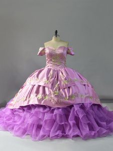 Traditional Beading and Embroidery and Ruffles 15th Birthday Dress Lavender Lace Up Sleeveless Chapel Train