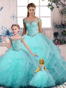 Customized Aqua Blue Tulle Lace Up Sweet 16 Dresses Sleeveless Floor Length Embroidery and Ruffles