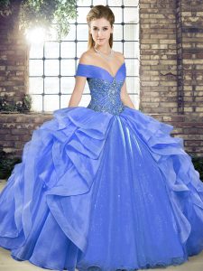 Off The Shoulder Sleeveless Organza Quinceanera Dress Beading and Ruffles Lace Up