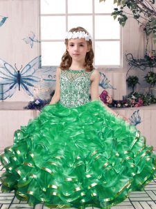 Green Sleeveless Floor Length Beading and Ruffles Lace Up Pageant Dress Womens