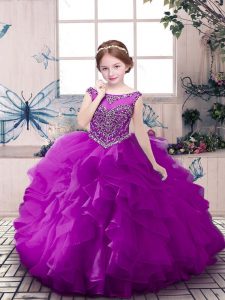 Purple Little Girls Pageant Gowns Party and Sweet 16 and Wedding Party with Beading and Ruffles Scoop Sleeveless Zipper