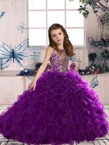 Simple Sleeveless Floor Length Beading and Ruffles Lace Up Little Girl Pageant Gowns with Eggplant Purple
