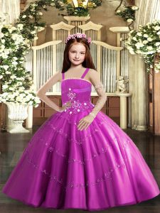 Floor Length Lace Up Child Pageant Dress Lilac for Party and Wedding Party with Beading
