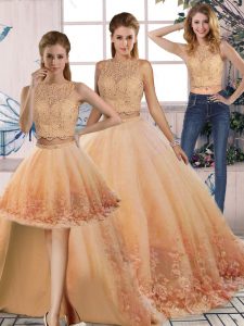 Dramatic Peach Backless Quince Ball Gowns Lace Sleeveless Sweep Train