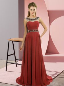 Rust Red Scoop Neckline Beading Dress for Prom Sleeveless Zipper