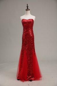 Exceptional Red Sleeveless Floor Length Sequins Zipper Prom Gown