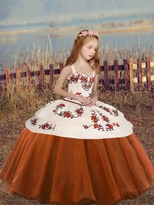 Custom Made Rust Red Sleeveless Embroidery and Ruffled Layers Floor Length Little Girls Pageant Dress