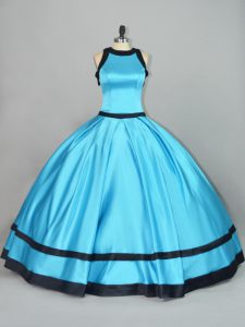 High Class Scoop Sleeveless Ball Gown Prom Dress Floor Length Ruching Baby Blue Satin