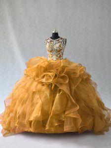 Dynamic Scoop Sleeveless Lace Up Quinceanera Gowns Gold Organza