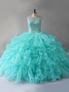 Fabulous Aqua Blue Ball Gowns Scoop Sleeveless Organza Floor Length Lace Up Beading and Ruffles Quinceanera Gowns