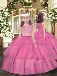 Sleeveless Organza Floor Length Zipper Little Girl Pageant Dress in Pink with Beading and Ruffled Layers