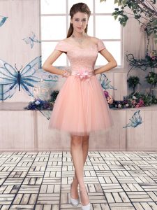 Affordable Off The Shoulder Short Sleeves Tulle Lace and Hand Made Flower Lace Up