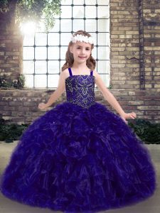 New Style Purple Sleeveless Organza Lace Up Little Girls Pageant Gowns for Party and Wedding Party