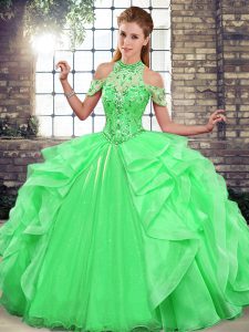 Green Ball Gowns Halter Top Sleeveless Organza Floor Length Lace Up Beading and Ruffles Vestidos de Quinceanera