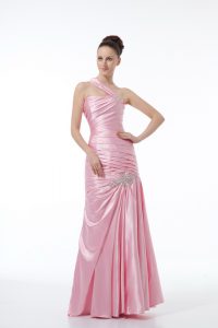 Super Baby Pink Column/Sheath Taffeta One Shoulder Sleeveless Beading and Ruching Floor Length Lace Up Prom Evening Gown