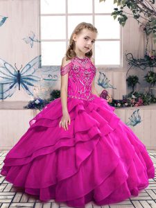 Fuchsia Ball Gowns Organza Halter Top Sleeveless Beading and Ruffles Floor Length Lace Up Little Girl Pageant Gowns