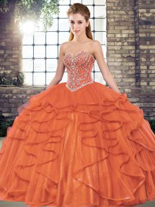 Dynamic Rust Red Ball Gowns Sweetheart Sleeveless Tulle Floor Length Lace Up Beading and Ruffles Quinceanera Gowns