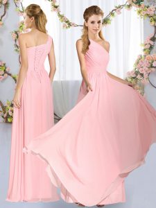 Baby Pink Sleeveless Chiffon Lace Up Bridesmaid Gown for Wedding Party