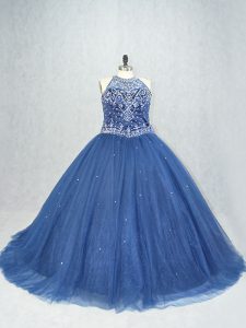 Most Popular Navy Blue Lace Up Scoop Beading 15 Quinceanera Dress Tulle Sleeveless Brush Train