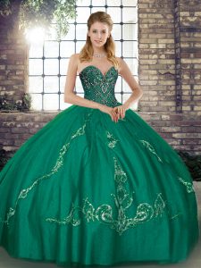 Ideal Turquoise Ball Gown Prom Dress Military Ball and Sweet 16 and Quinceanera with Beading and Embroidery Sweetheart S
