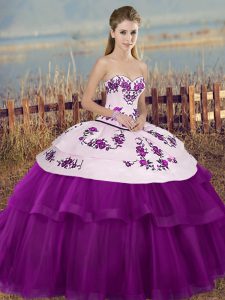 Fancy Floor Length White And Purple Quinceanera Gowns Tulle Sleeveless Embroidery and Bowknot