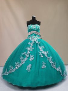Glorious Turquoise Tulle Lace Up Strapless Sleeveless Floor Length Sweet 16 Dress Appliques