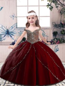 Floor Length Wine Red Kids Pageant Dress Spaghetti Straps Sleeveless Lace Up