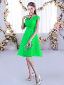 Lovely A-line Bridesmaid Gown Green V-neck Lace Cap Sleeves Mini Length Lace Up