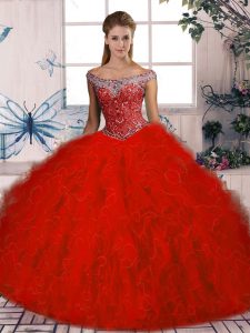 On Sale Red 15 Quinceanera Dress Sweet 16 and Quinceanera with Beading and Ruffles Off The Shoulder Sleeveless Brush Tra