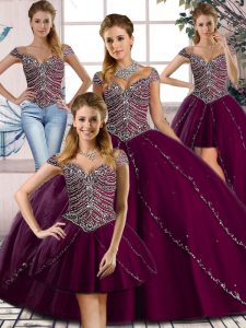 High Quality Purple Cap Sleeves Tulle Brush Train Lace Up Sweet 16 Dresses for Sweet 16 and Quinceanera