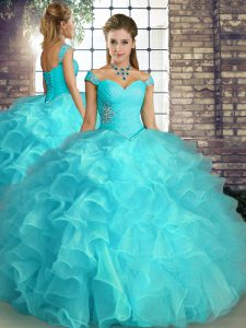 Customized Beading and Ruffles 15th Birthday Dress Aqua Blue Lace Up Sleeveless Floor Length