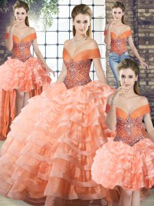 Attractive Peach Ball Gown Prom Dress Off The Shoulder Sleeveless Brush Train Lace Up