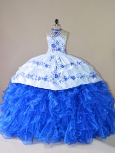 Glamorous Sleeveless Embroidery and Ruffles Lace Up Sweet 16 Quinceanera Dress with Royal Blue Court Train