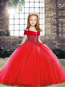 Beautiful Red Little Girl Pageant Gowns Party and Sweet 16 and Wedding Party with Beading Straps Sleeveless Brush Train 