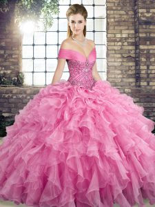 Artistic Lace Up Quinceanera Gown Rose Pink for Military Ball and Sweet 16 and Quinceanera with Beading and Ruffles Brus